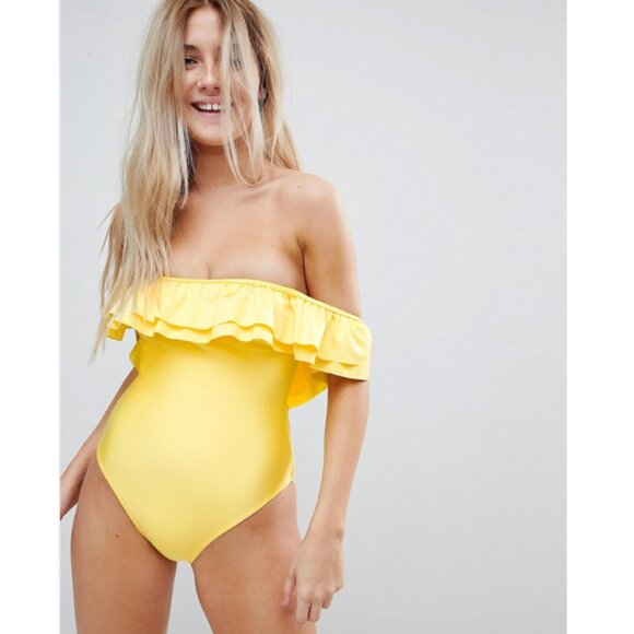 ASOS Swim Double Fri Size 6 Yellow One piece swimsuit with ruffles off shoulder - Picture 3 of 14